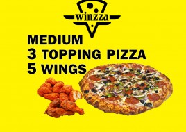 Medium 3 Topping Pizza & 5 Wings