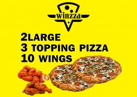 2 Large Pizzas 3 topping & 10 Wings 
