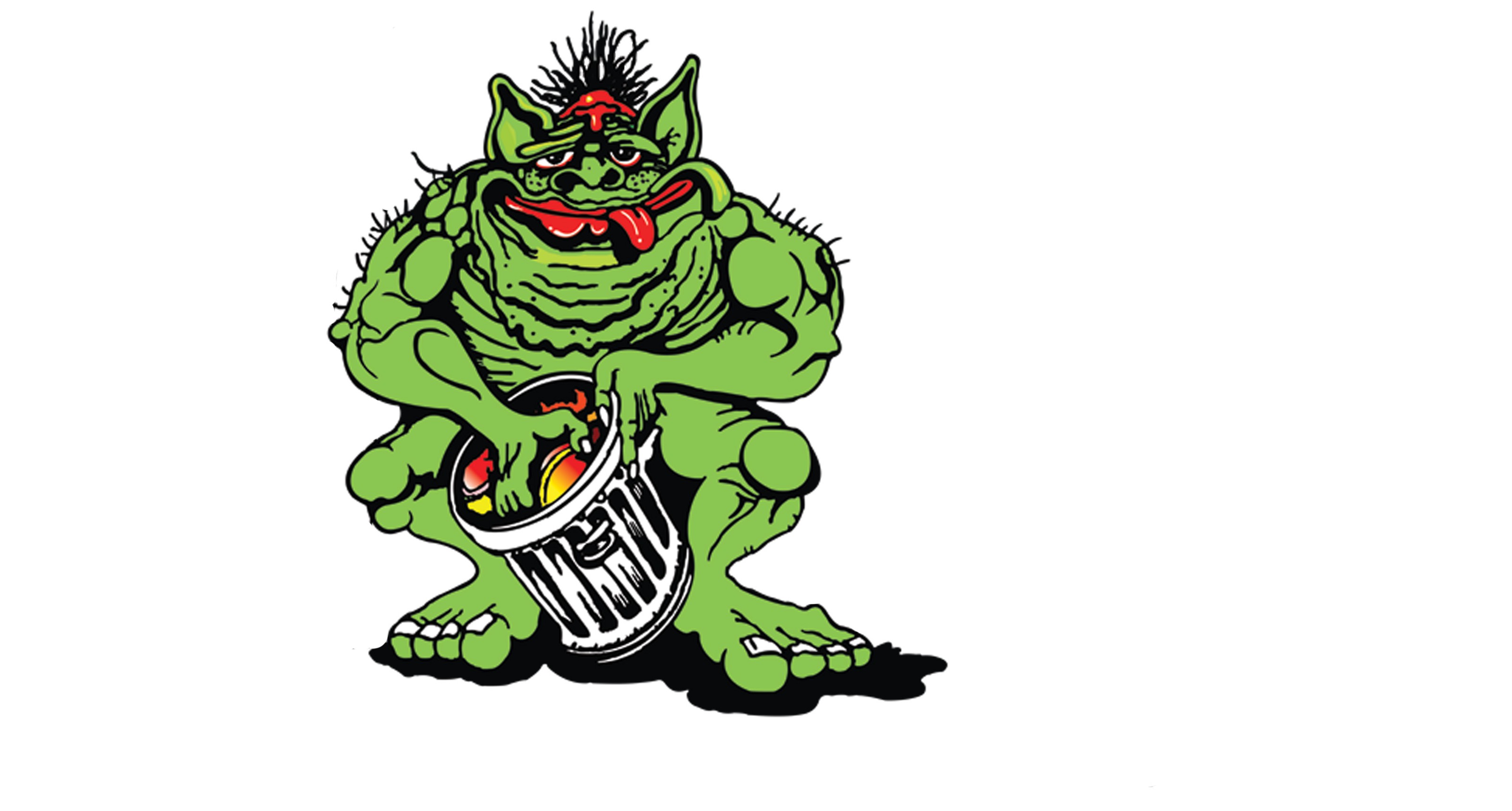 The Rosa Maria's mascot: a green monster clutching a trash can