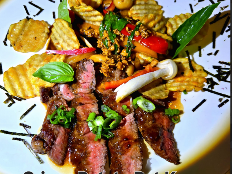 Crispy Potato Pad Kra Pow with Steak 