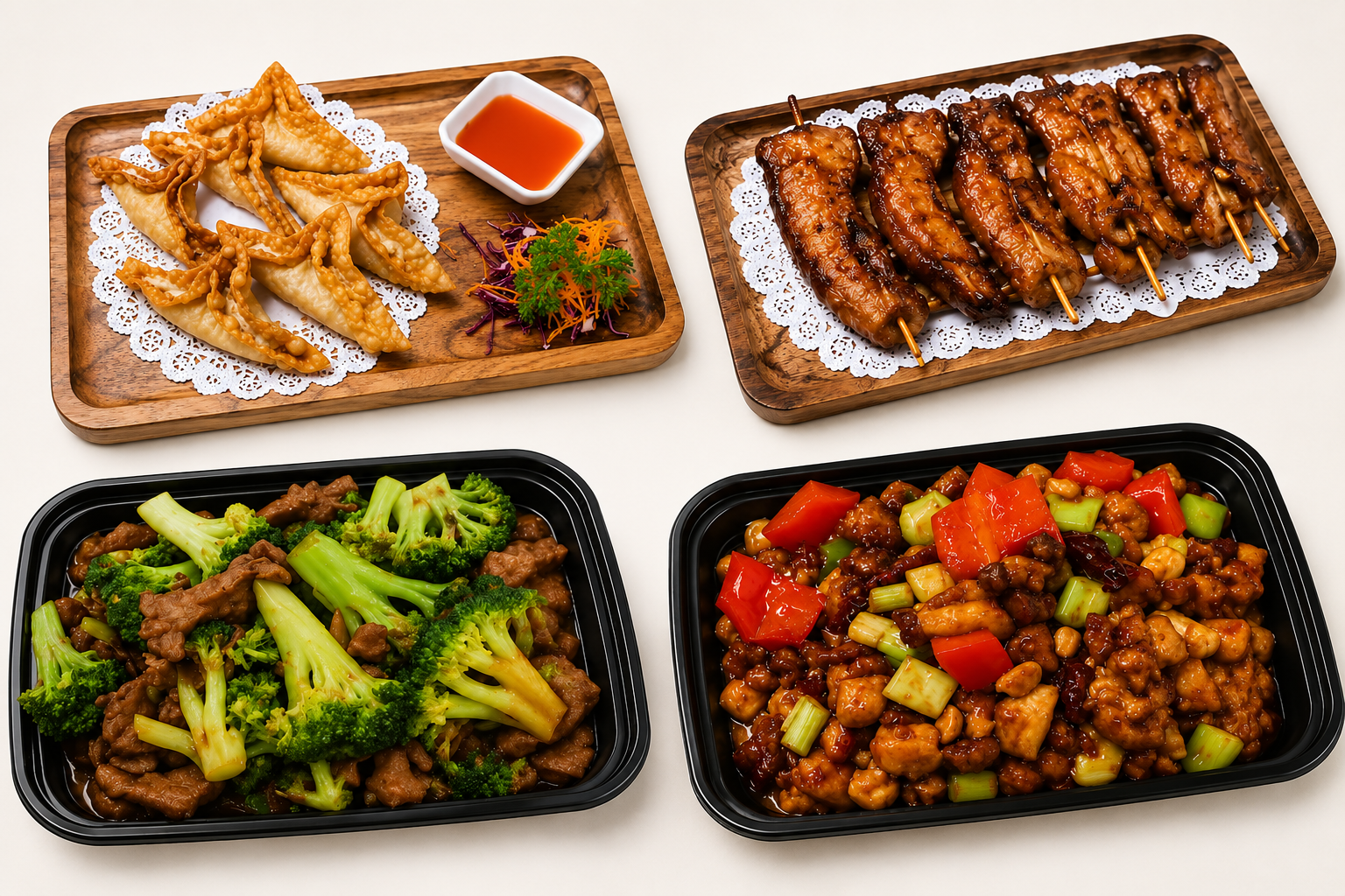 Party trays of chicken teriyaki, dumplings, beef with broccoli and kung pao chicken