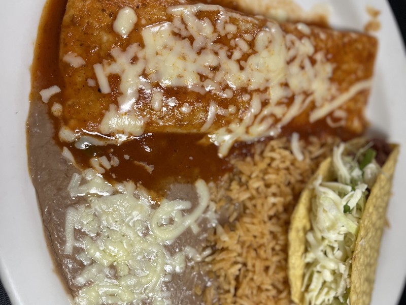 1. One taco, two enchiladas with rice 