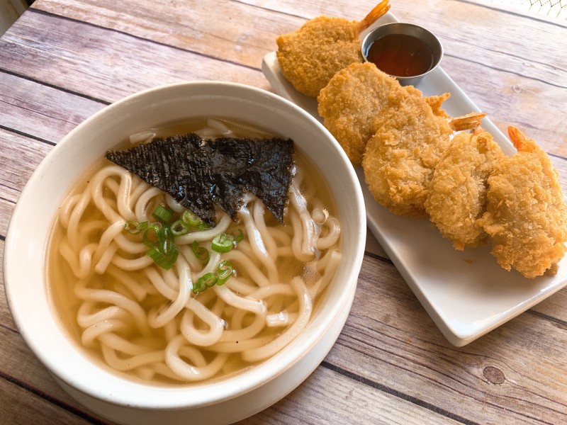 Udon Noodle Soup with Crispy Shrimp