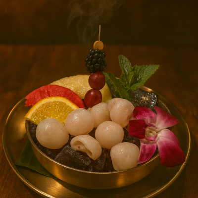 Chilled Lychee in Butterfly Pea Syrup