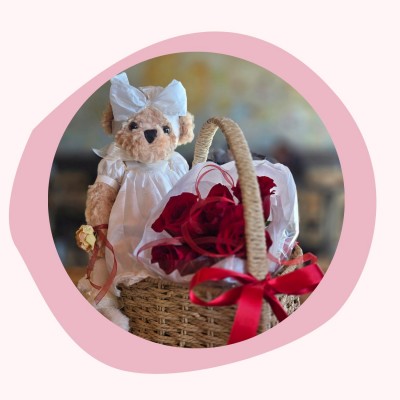 Heart Basket with Teddy Bear & Fresh Bouquet