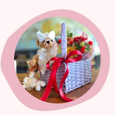 Heart Basket Gift Set with Teddy Bear, Flowers & See’s Chocolates