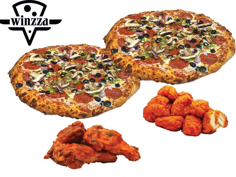 2 Large 3 topping pizza and 10 wings