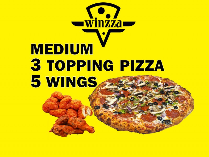 Medium 3 Topping Pizza & 5 Wings