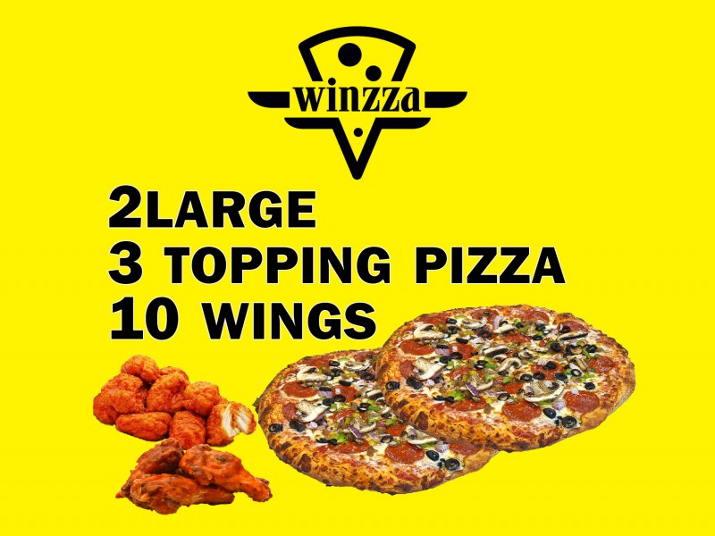 2 Large Pizzas 3 topping & 10 Wings 