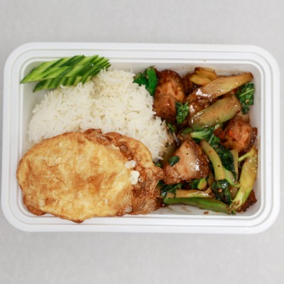 Stir Fried Chinese Broccoli with Crispy Pork Belly with Rice and Egg