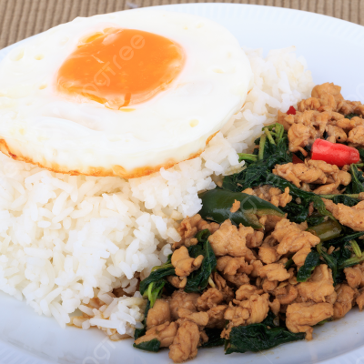 C2. Gra Pow Chicken with Rice top with Fried Egg and Tomyum Veggies soup