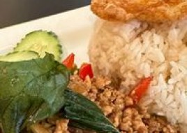 Minced chicken basil fried egg over rice