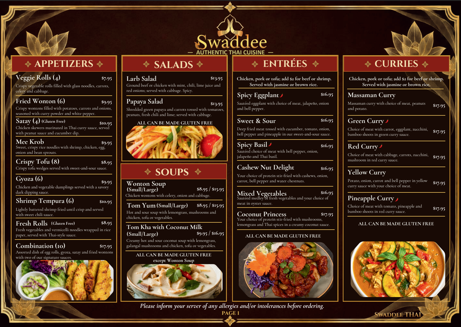 Swaddee Thai menu, page 1