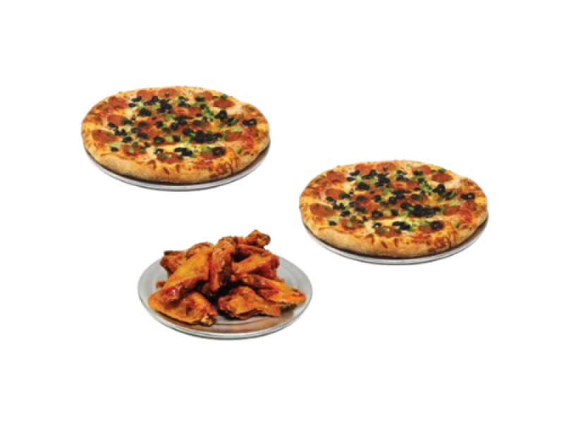 2 Medium Pizzas and 12 Wings