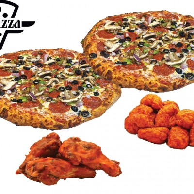 2 Large 3 topping pizza and 10 wings