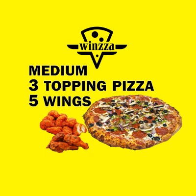 Medium 3 Topping Pizza & 5 Wings