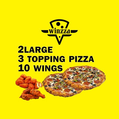 2 Large Pizzas 3 topping & 10 Wings 