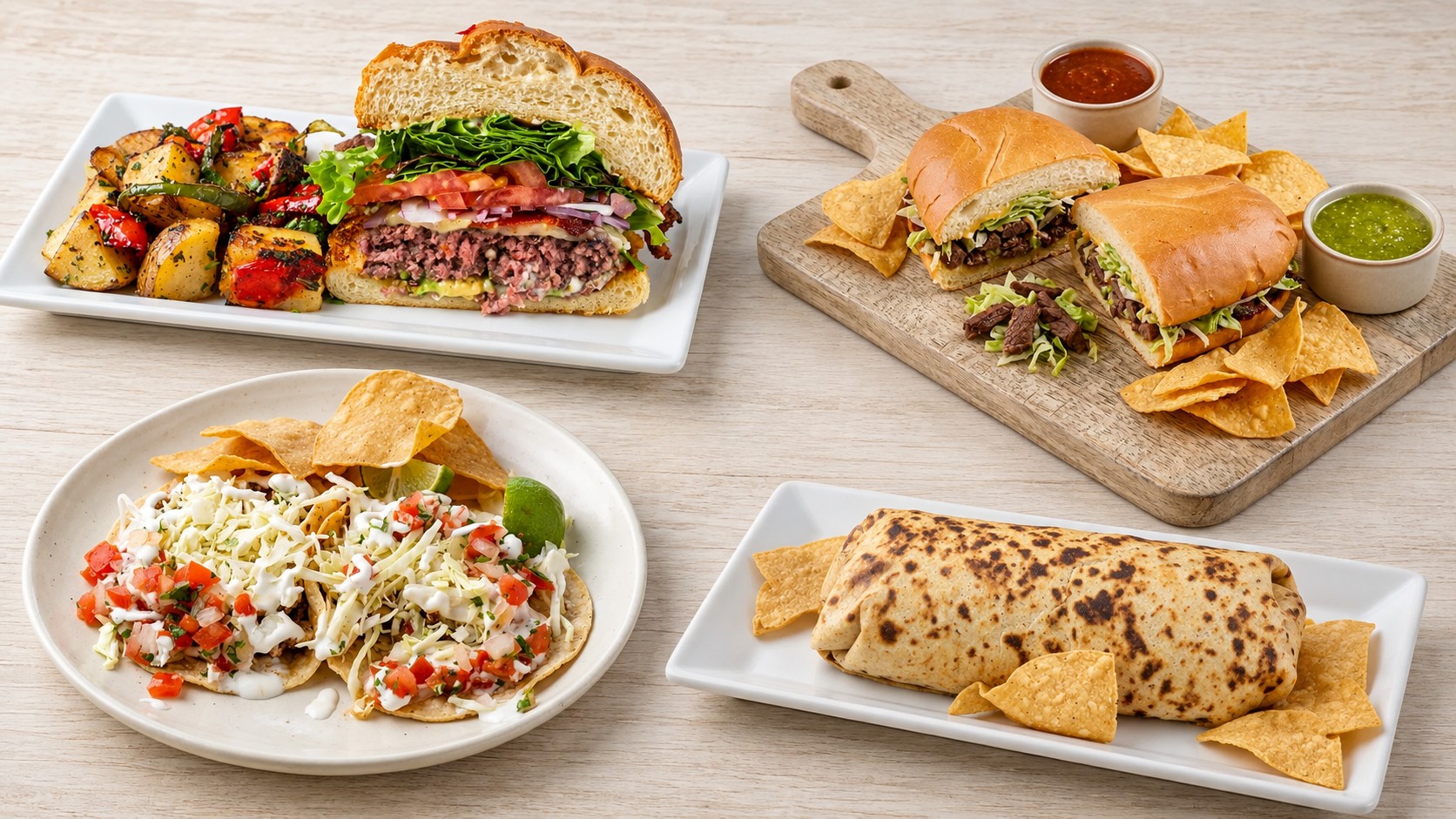 A spread of RJM dishes: a burger with roasted potatoes, a torta with chips and salsa, tostadas and a grilled burrito