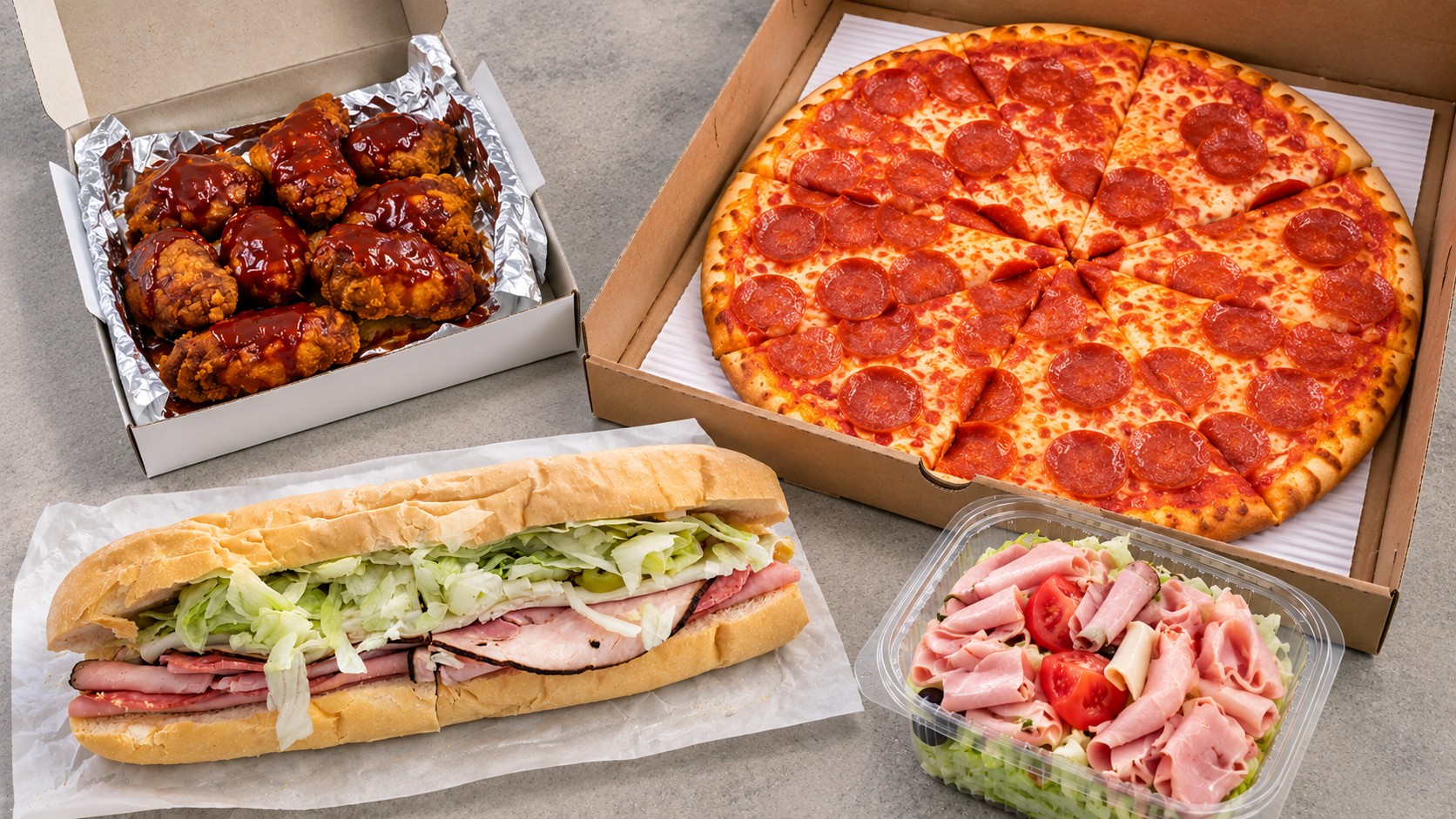 A pepperoni pizza in its box, BBQ wings, a cold-cut sub and an antipasto salad on the counter