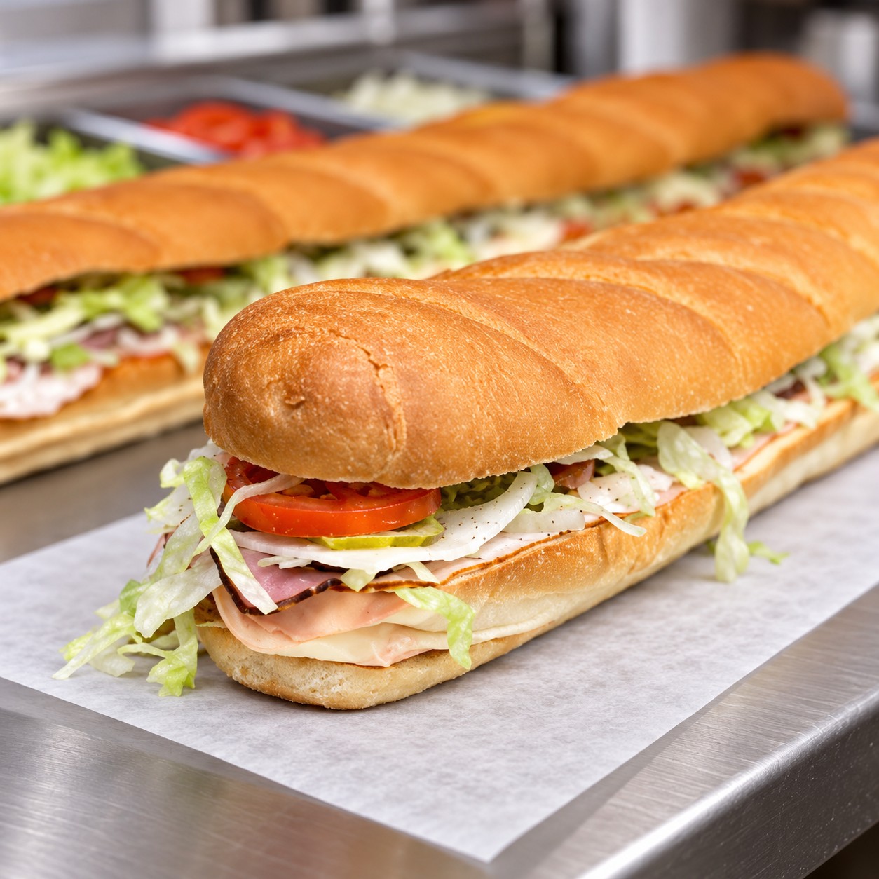 Italian hero sub with deli meat, tomato, lettuce, and pickles