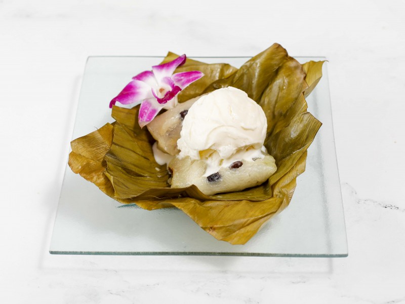 Taro sticky rice with coconut ice cream